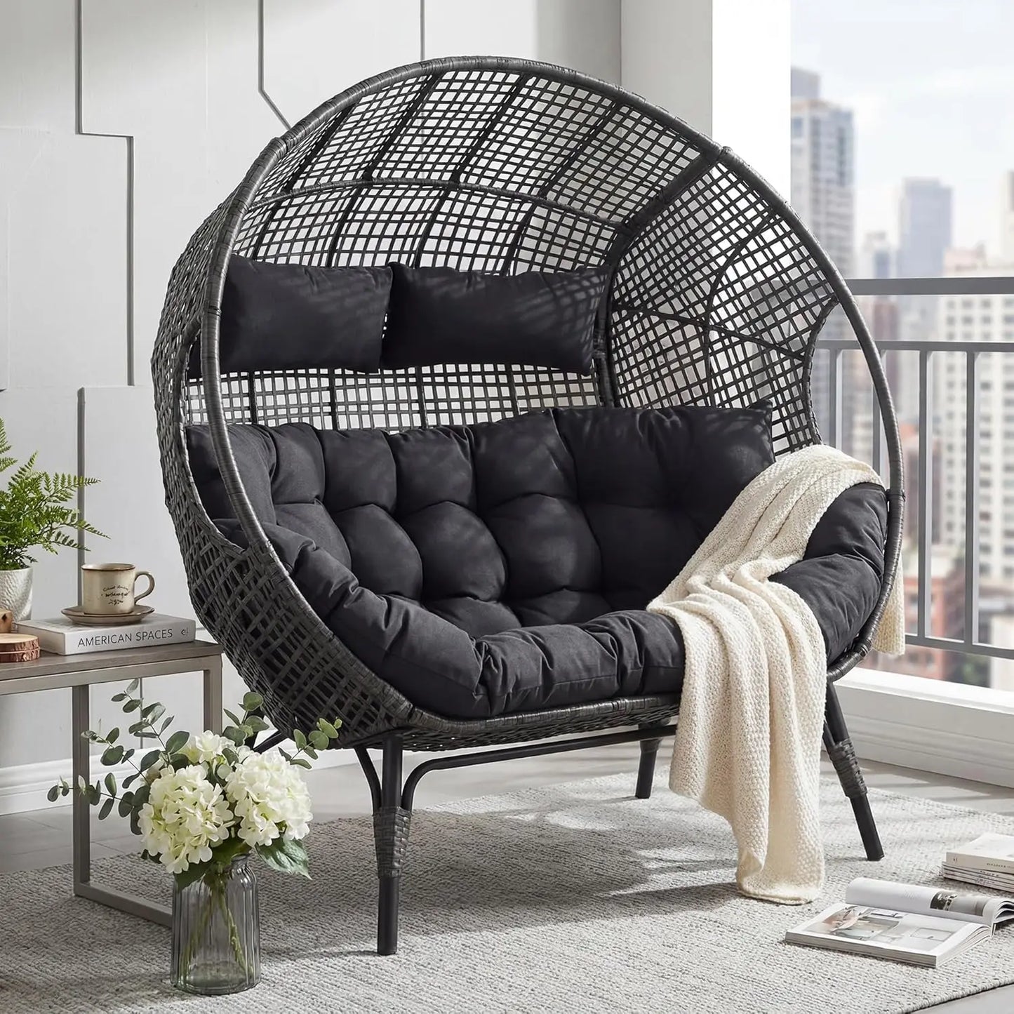 Wicker Rattan Cushioned Loveseat For Patio Garden Indoor Use