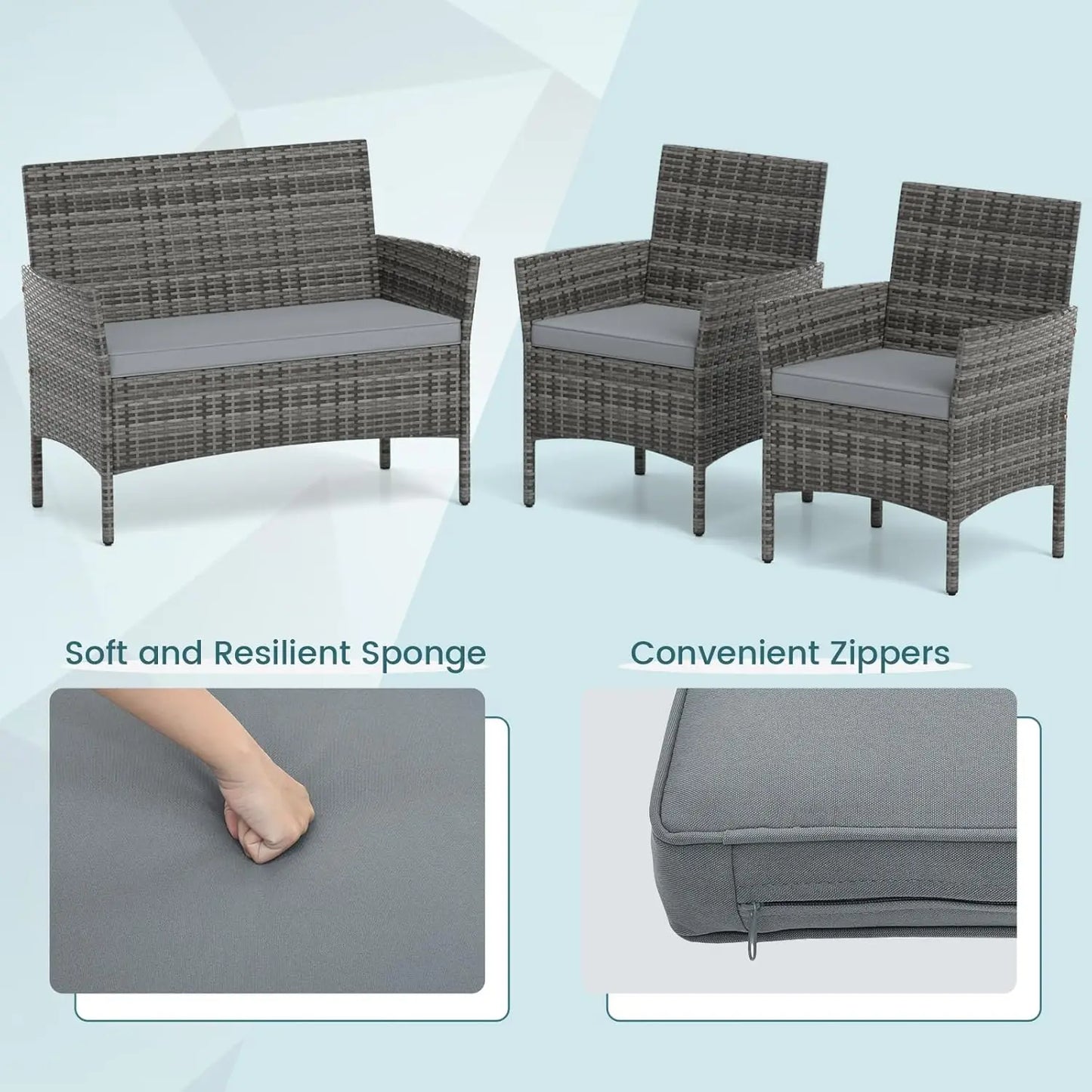 Rattan Outdoor Patio Conversation Set With Cushions And Glass Coffee Table