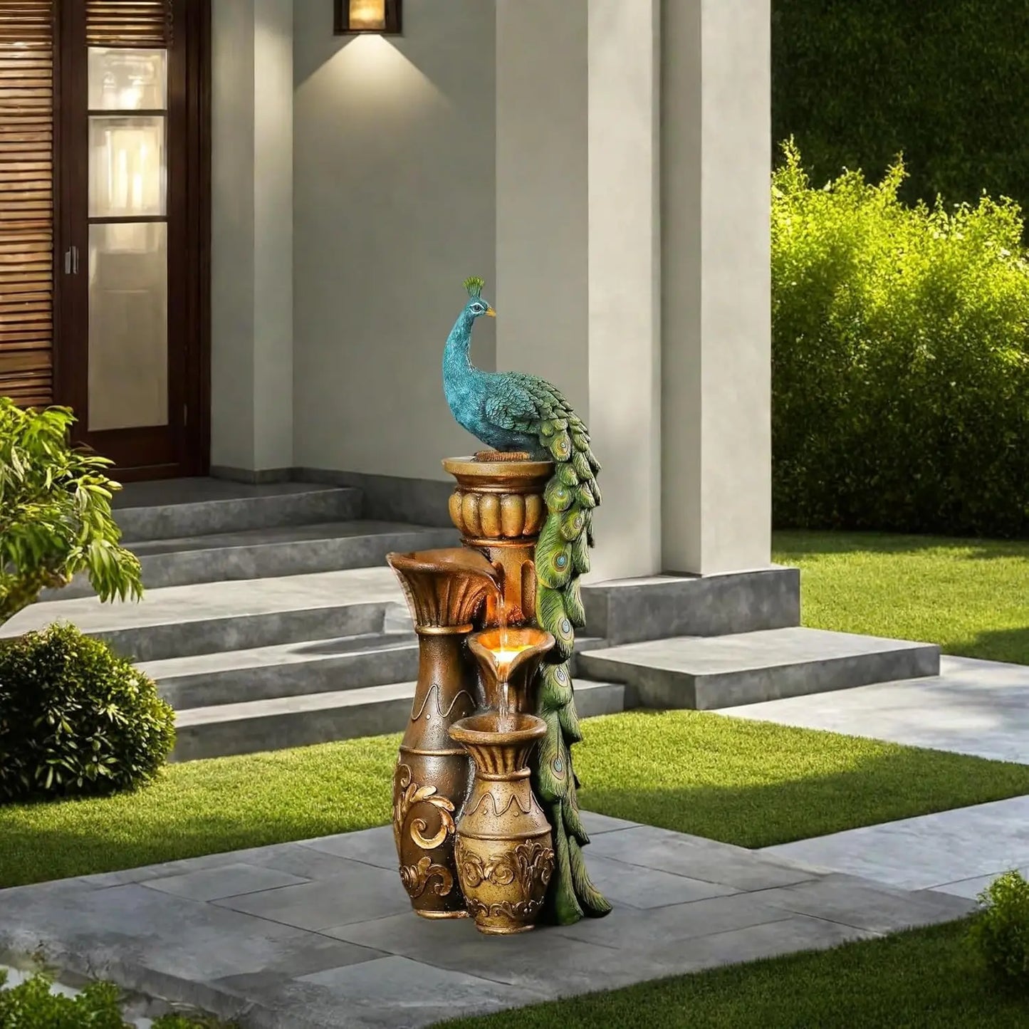 Resin Peacock Water Fountain With LED Urns For Garden