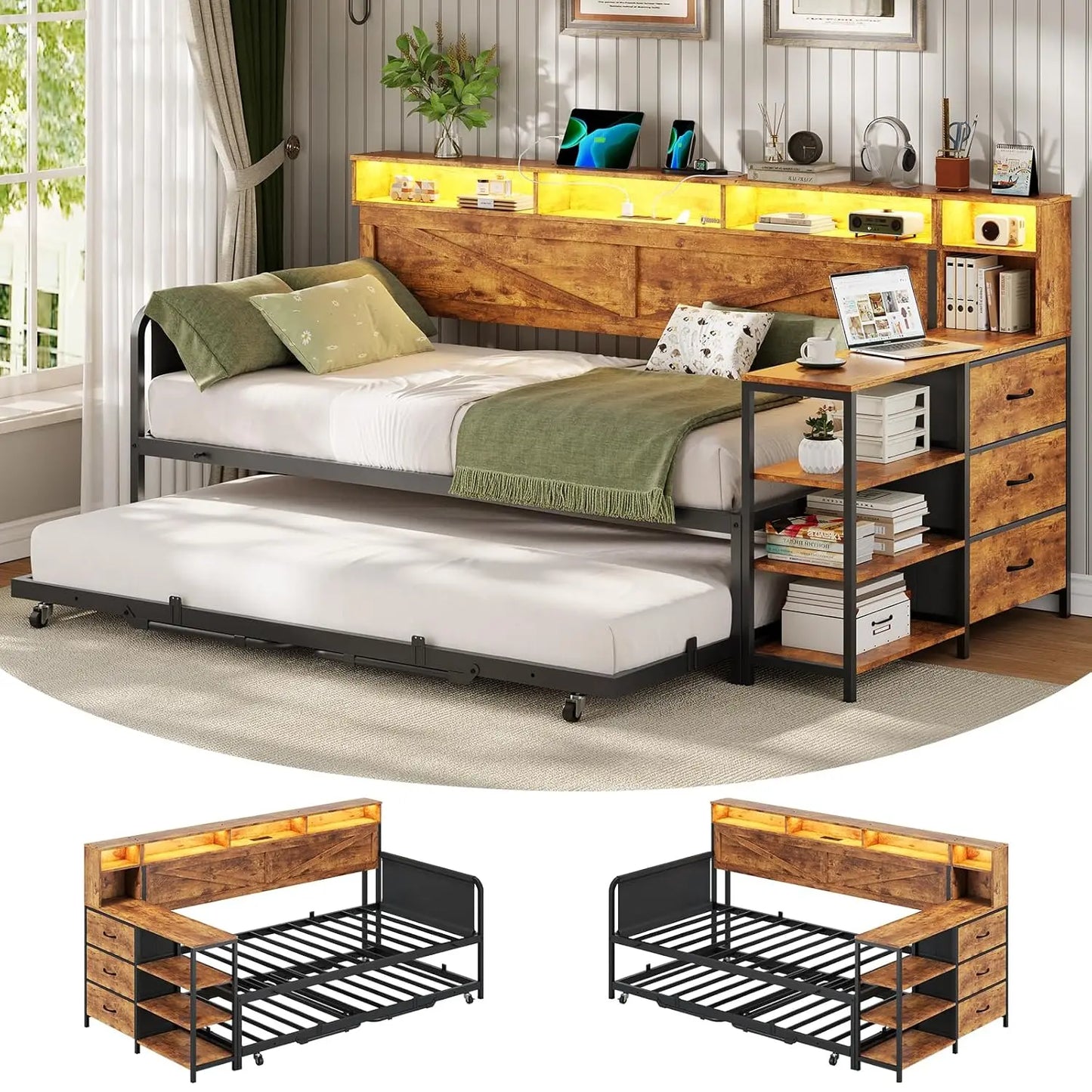 Daybed Twin With Pop Up Trundle Farmhouse Wooden Frame