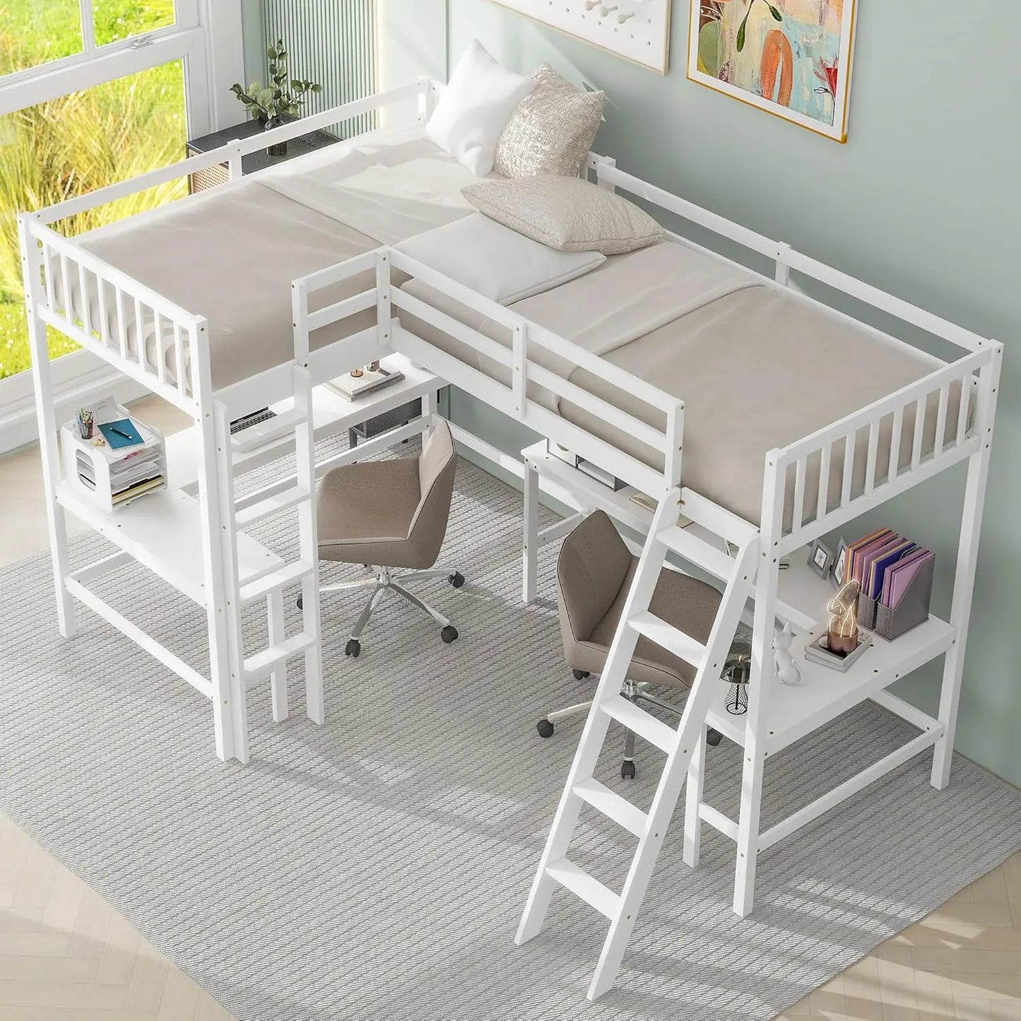 Corner Double Loft Bed L Shaped Desks And Slant Ladder