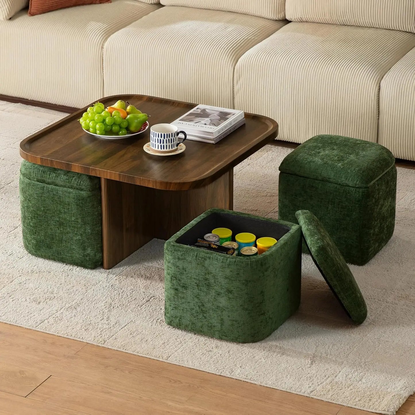 Guangbai Round Coffee Table With Storage And Ottomans