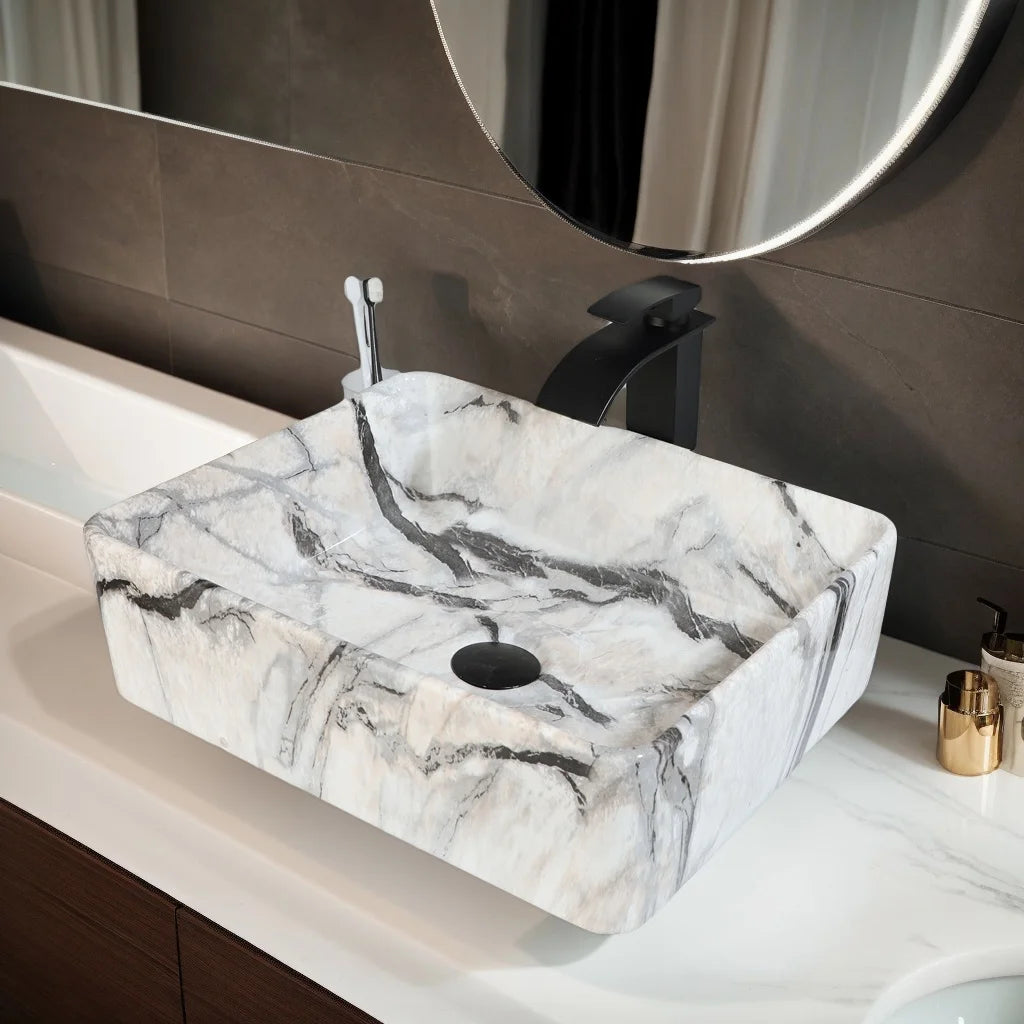 MEKKHALA Marble Pattern Ceramic Bathroom Vessel Sink Set Shape Basin