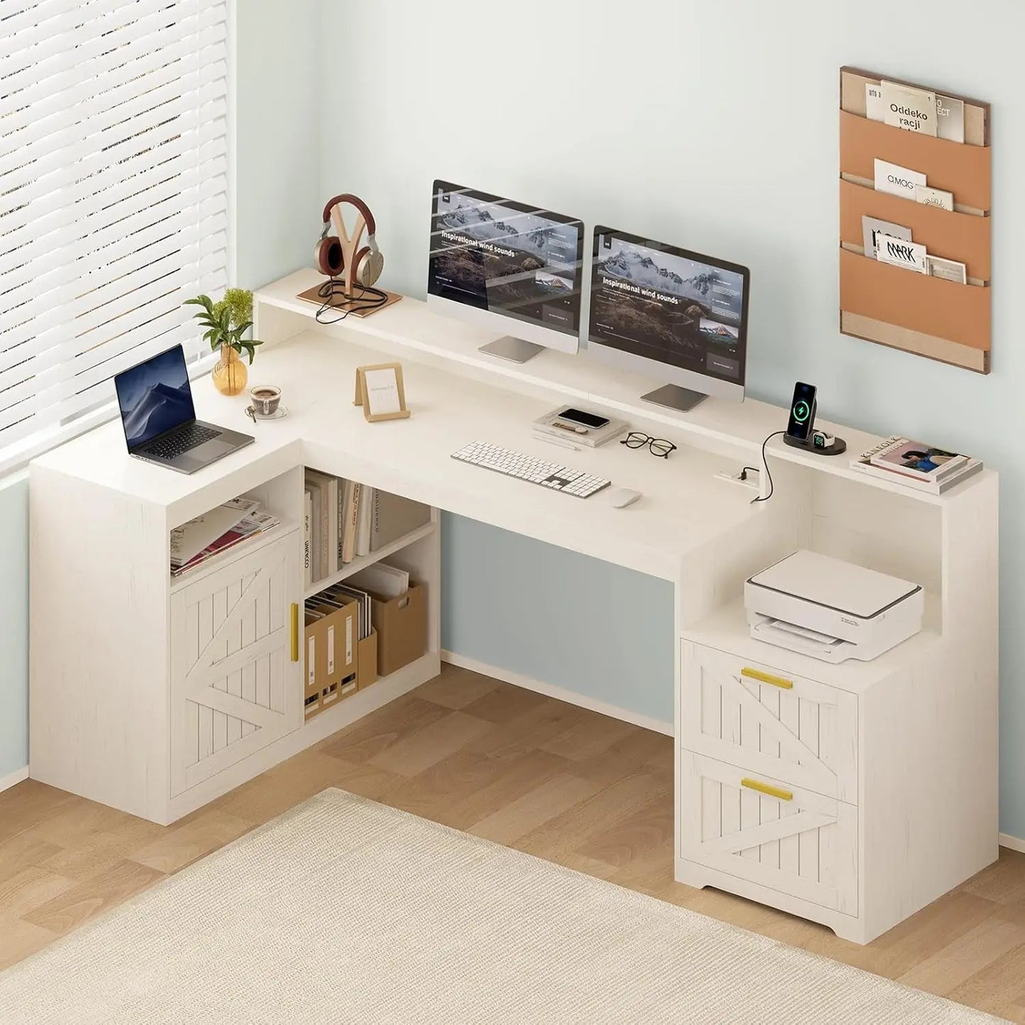 Farmhouse L Shaped Desk With Storage Shelves And Power Outlet