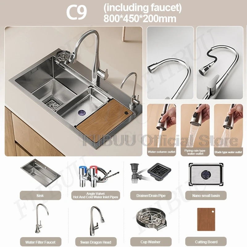 Slofy 304 Stainless Steel Kitchen Sink Undercounter Topmount Single Bowl Faucet