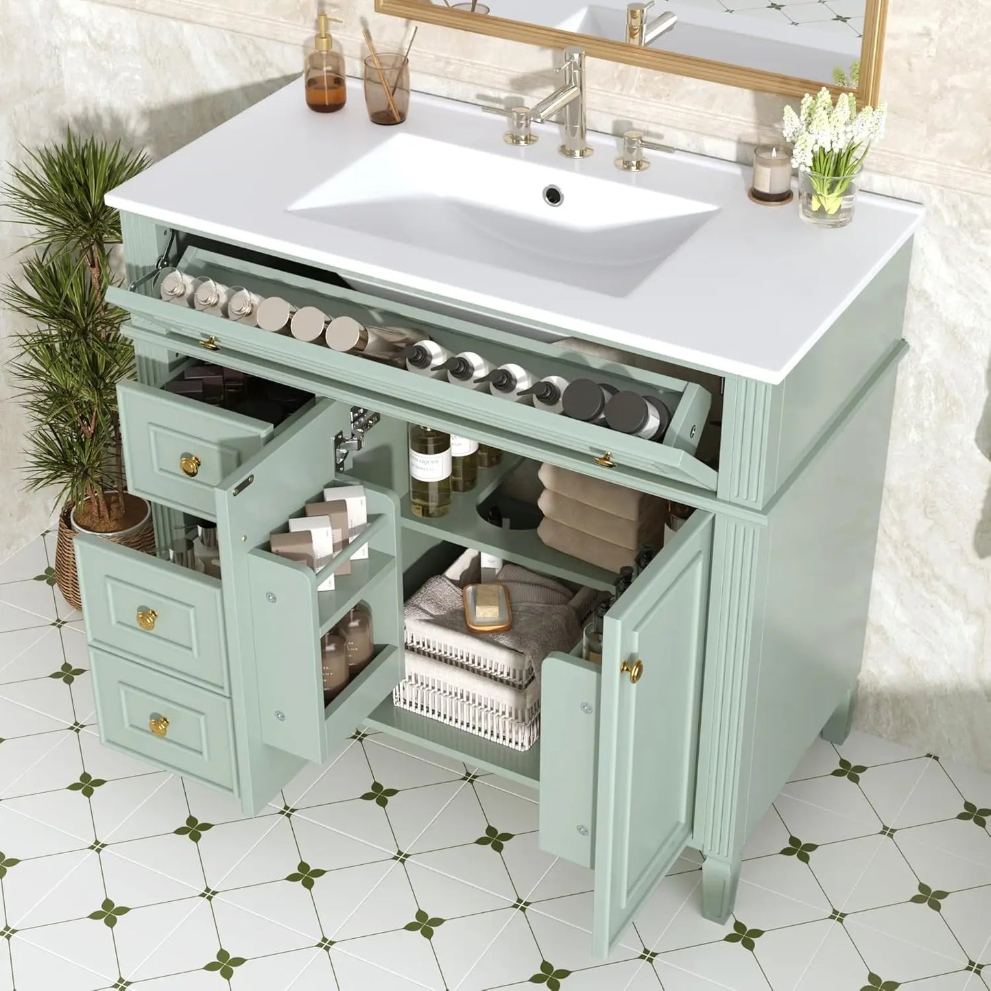 Wooden Bathroom Vanity With Ceramic Basin And Ample Storage Cabinets