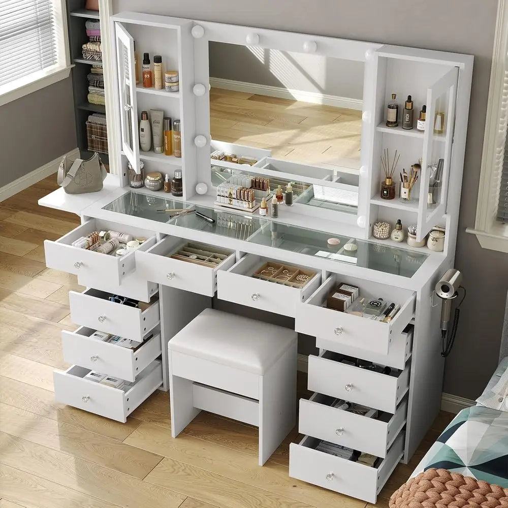 LED Illuminated Makeup Vanity Desk With Power Outlet Storage Drawers