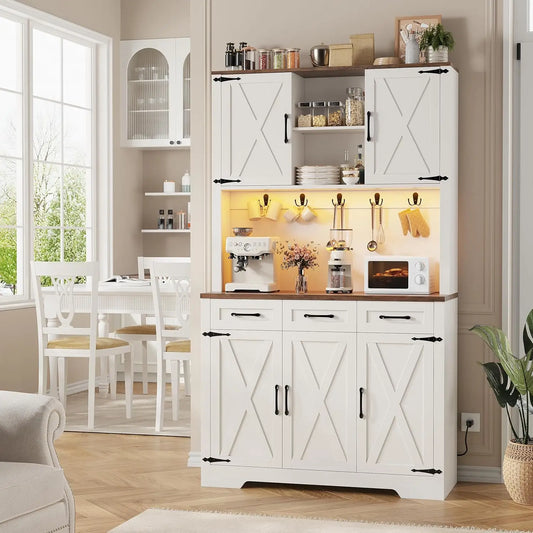Tall Farmhouse Pantry Cabinet With LED Light And Charging Station