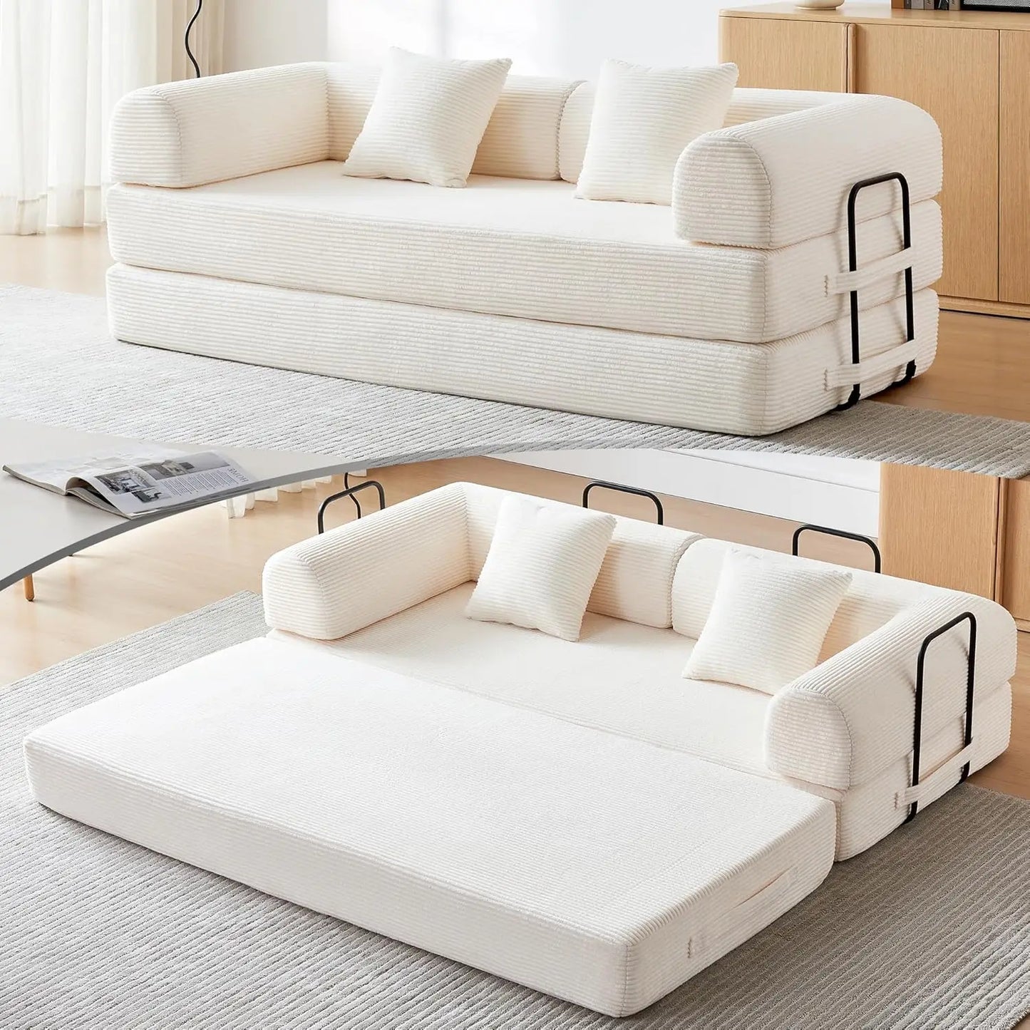 OIMG Corduroy Sleeper Sofa Bed With Fixed Frame And Mattress