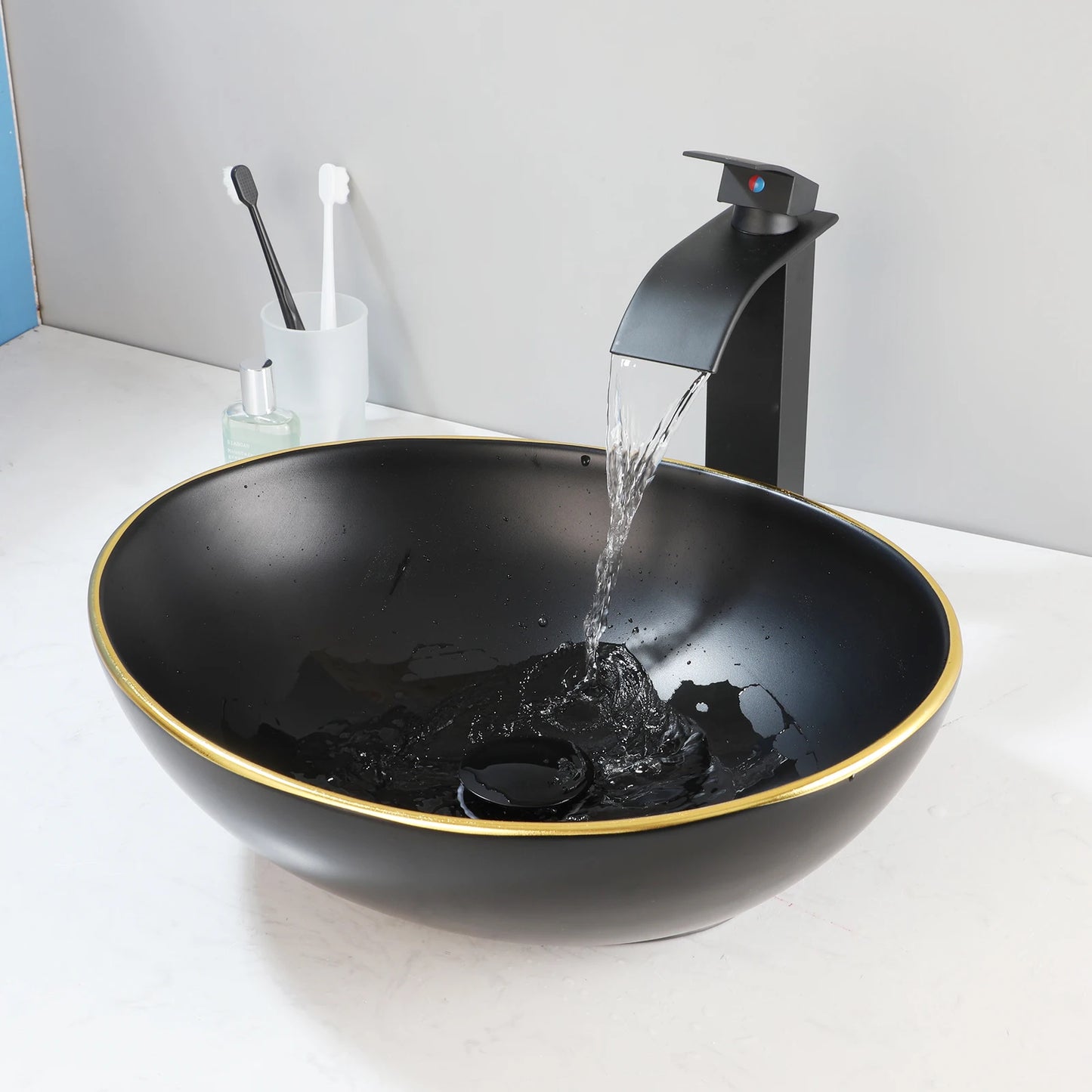Mekhala Oval Vessel Sink With Faucet Marble Pattern Ceramic Vessel Sink