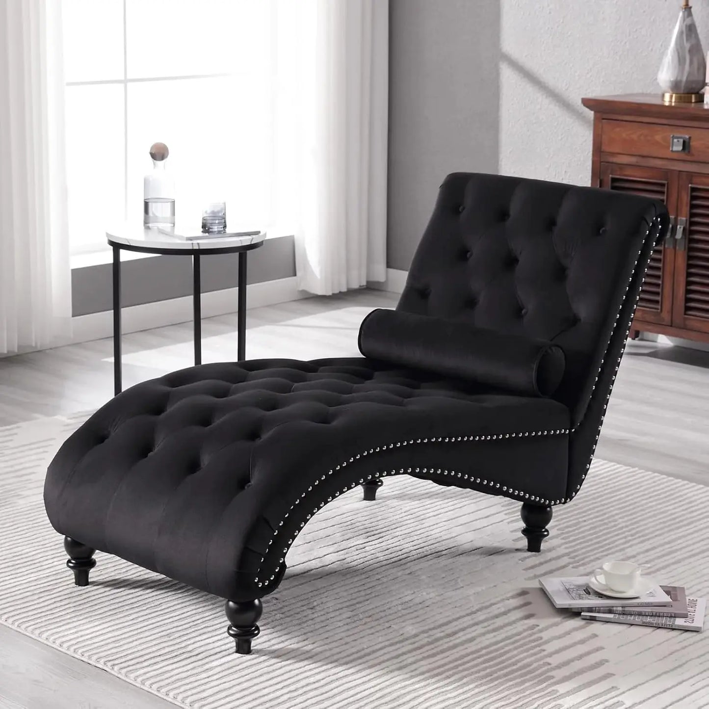 Velvet Chaise Lounge Chair With Tufted Upholstery For Living Room