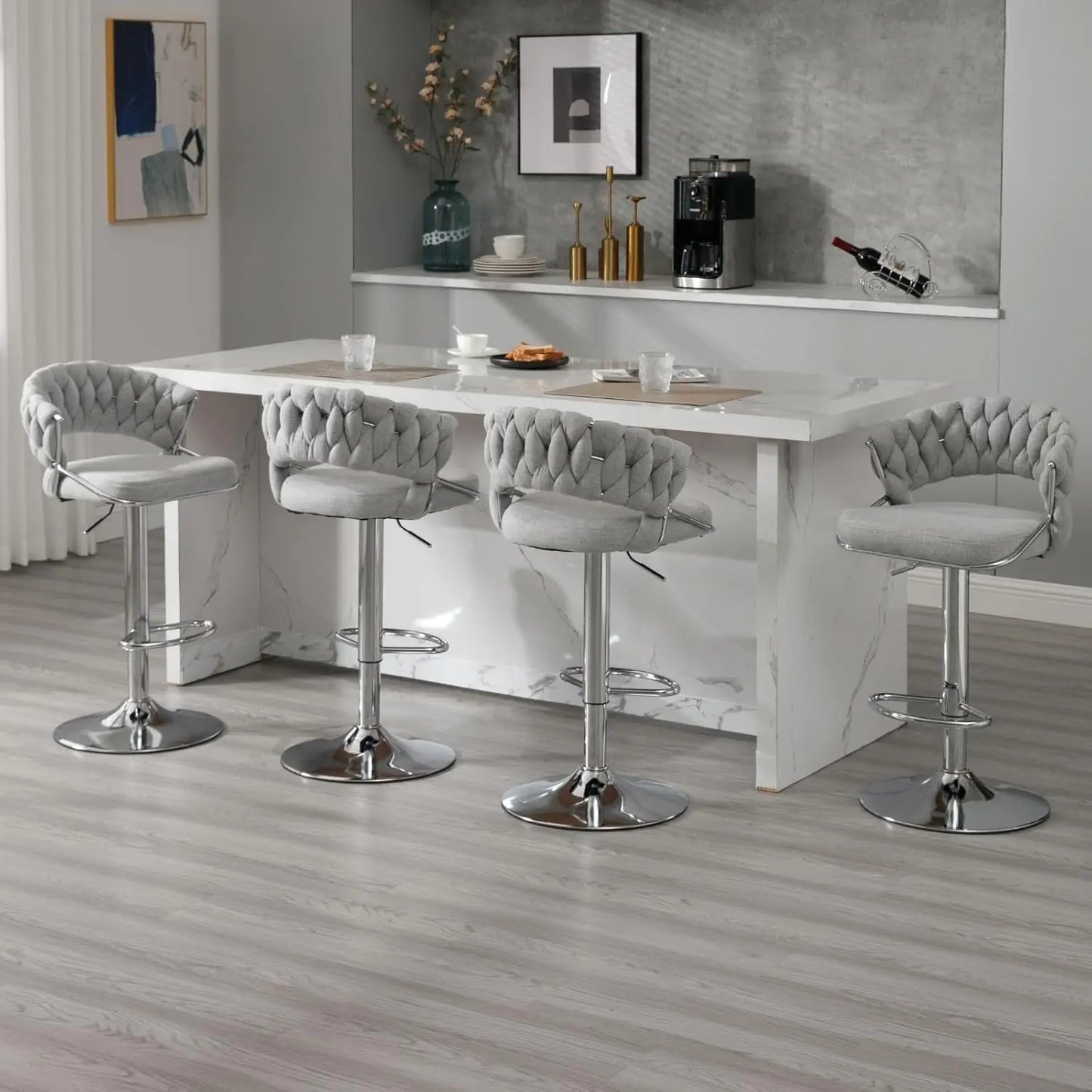 Woven Backrest Swivel Bar Stools Set Of 2 Height Adjustable