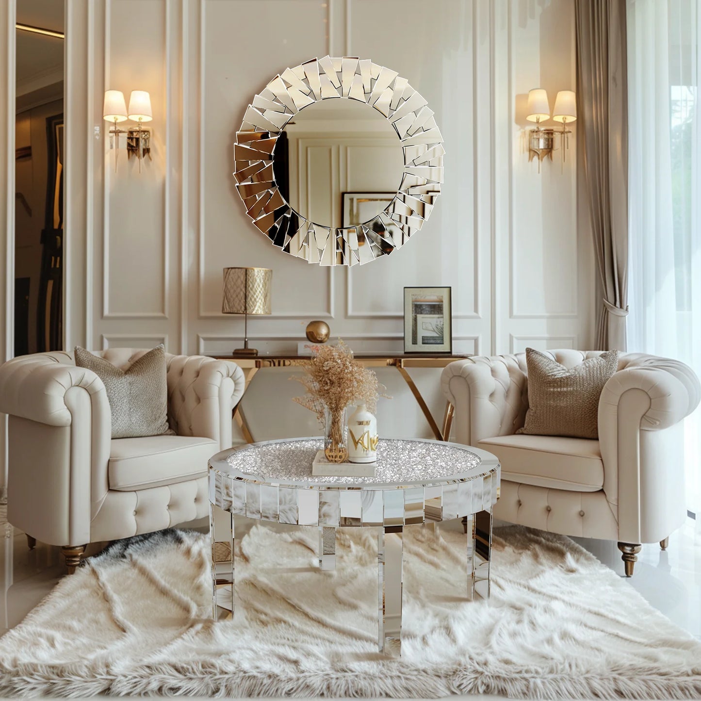 Mirrored Coffee Table With Crystal Inlay Modern Round Living Room
