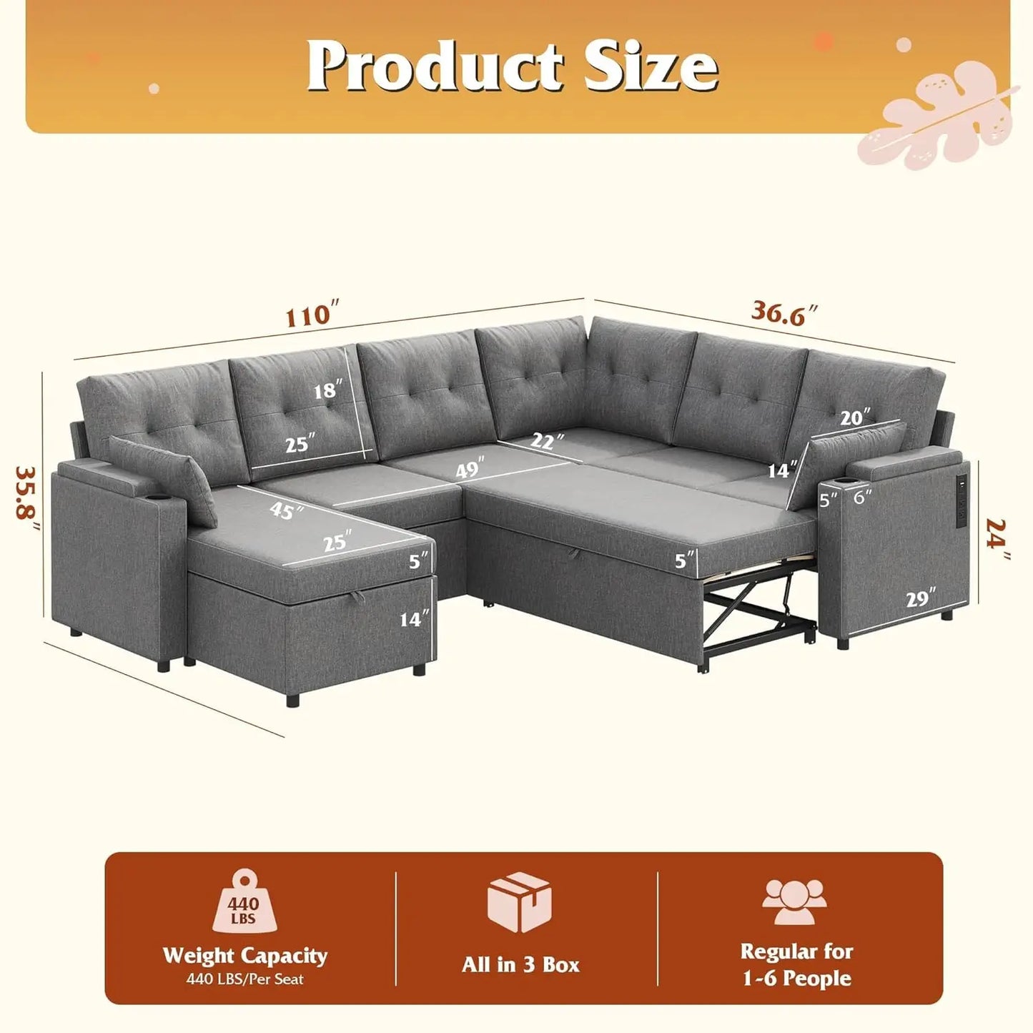 Sectional Sofa With Sleeper And Storage Chaise Linen Cotton Blend