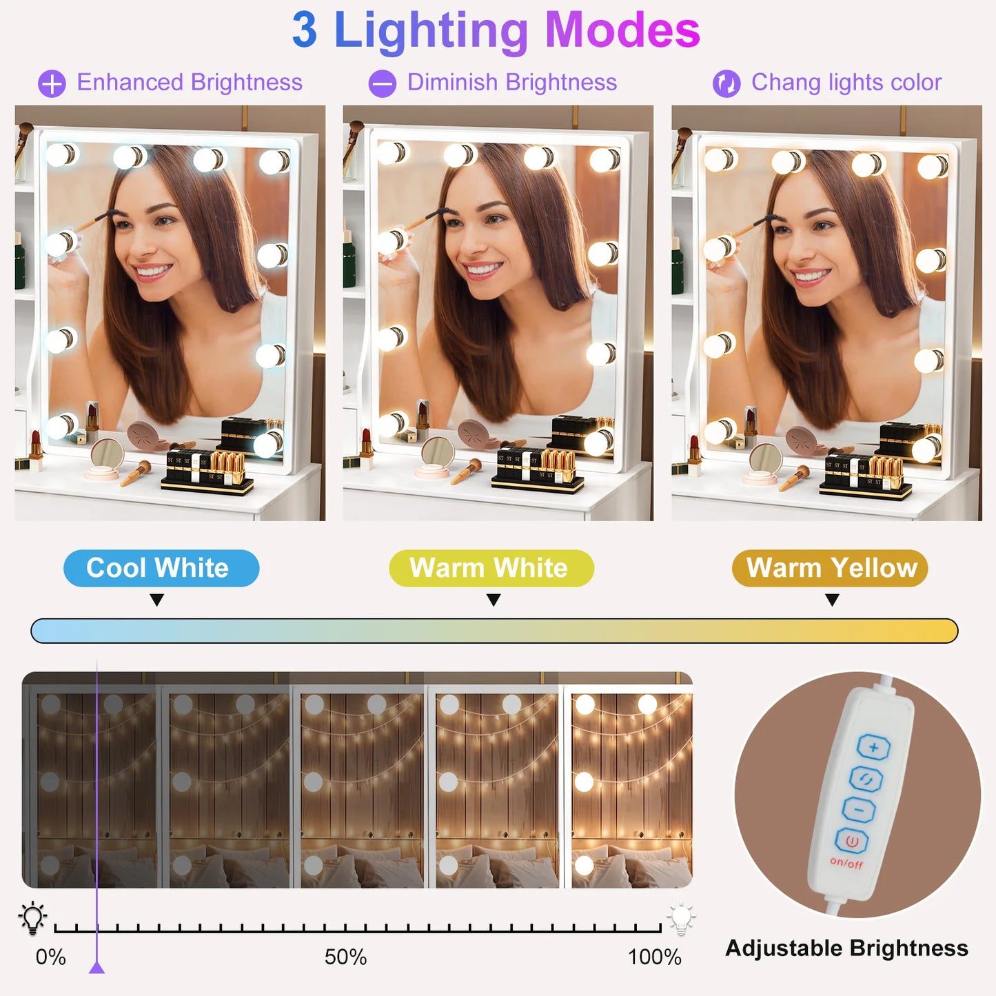 Teousev LED Makeup Vanity Set With Sliding Mirror And Storage
