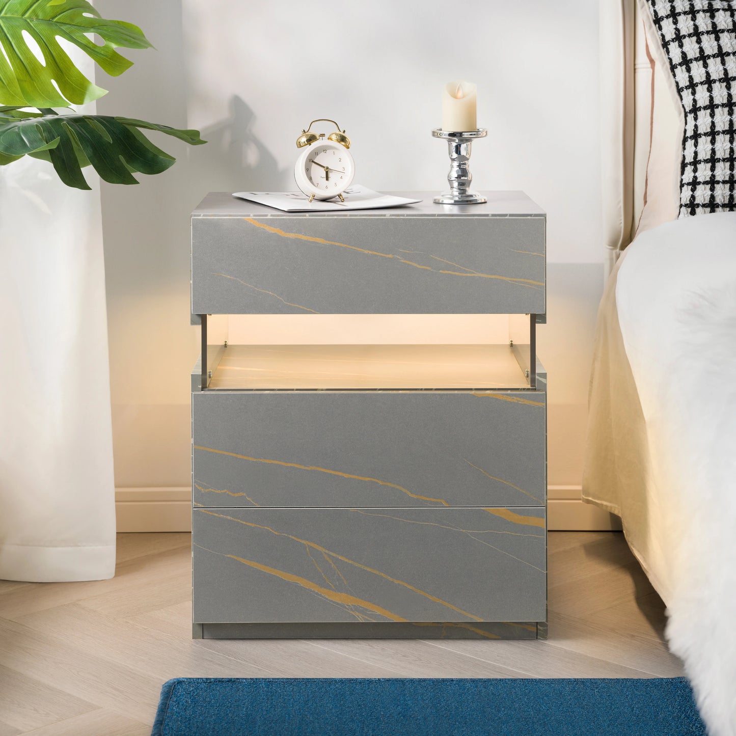 Cubehom LED Bedside Table With 3 Drawers Modern Nightstand