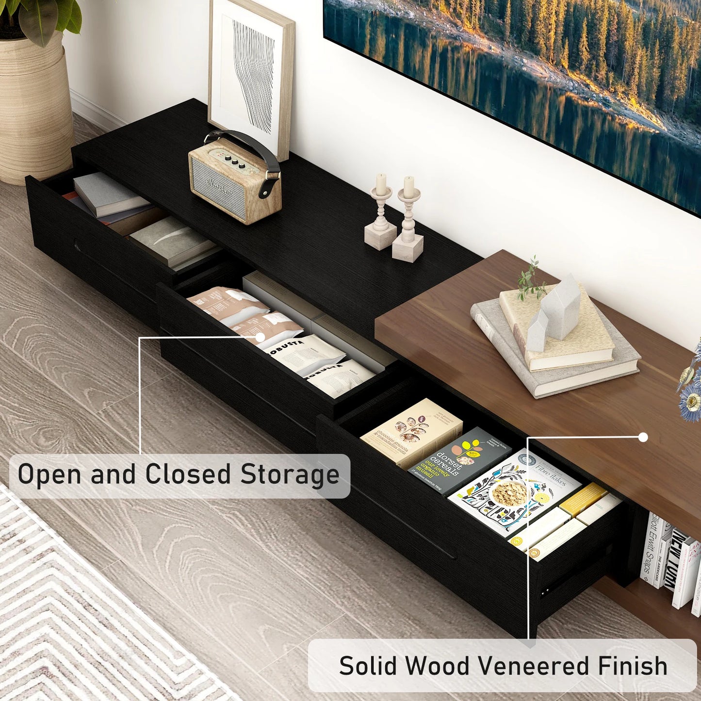 QiaoShiRen Extendable TV Stand Wood Reversible Media Console With Drawers
