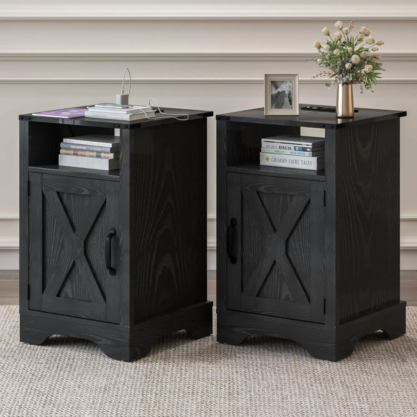 Farmhouse Nightstand Set Of 2 With Charging Station And Storage
