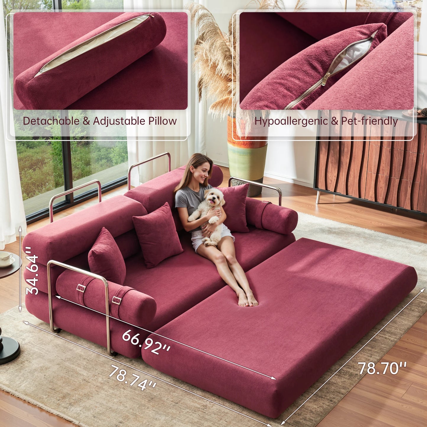 Convertible Sleeper Sofa Bed Floor Couch With Rounded Armrests