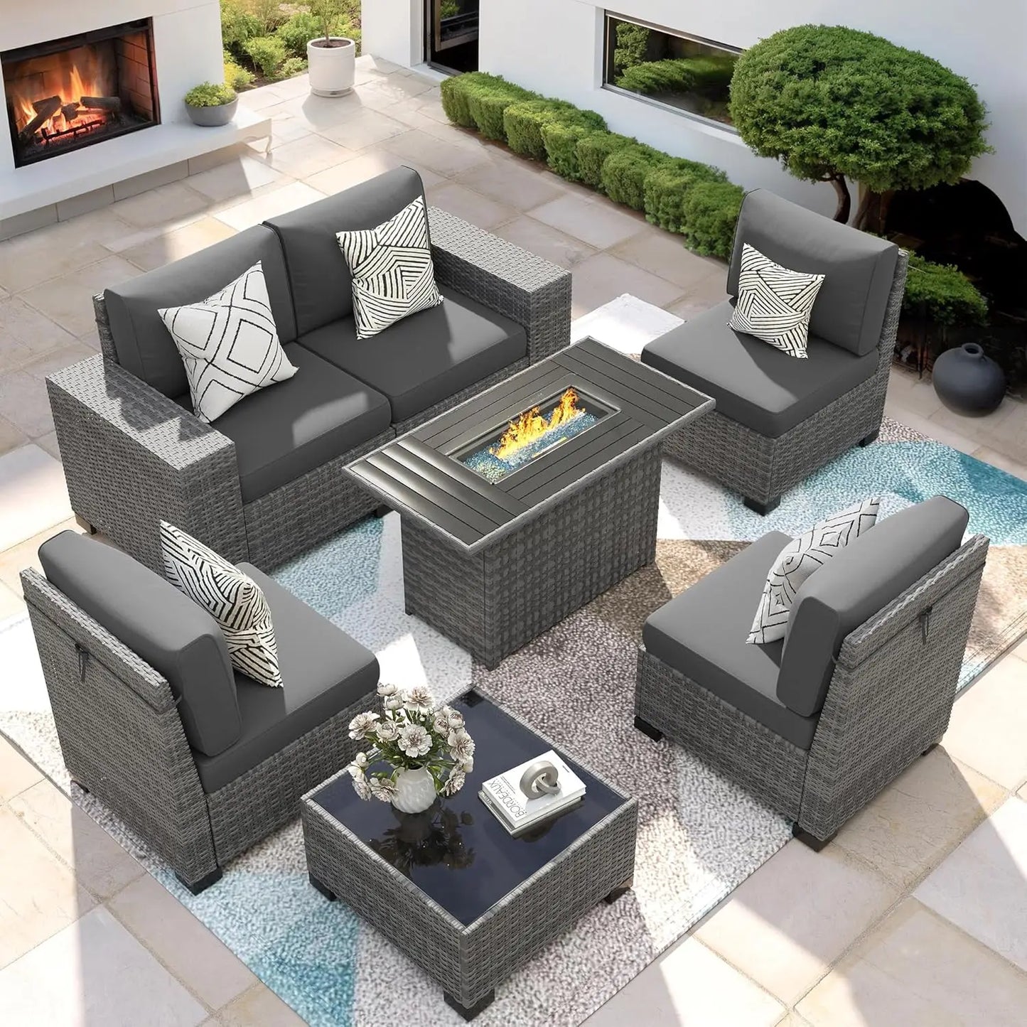 XIAOLANG 7 Piece Patio Furniture Set With Fire Pit Table Outdoor