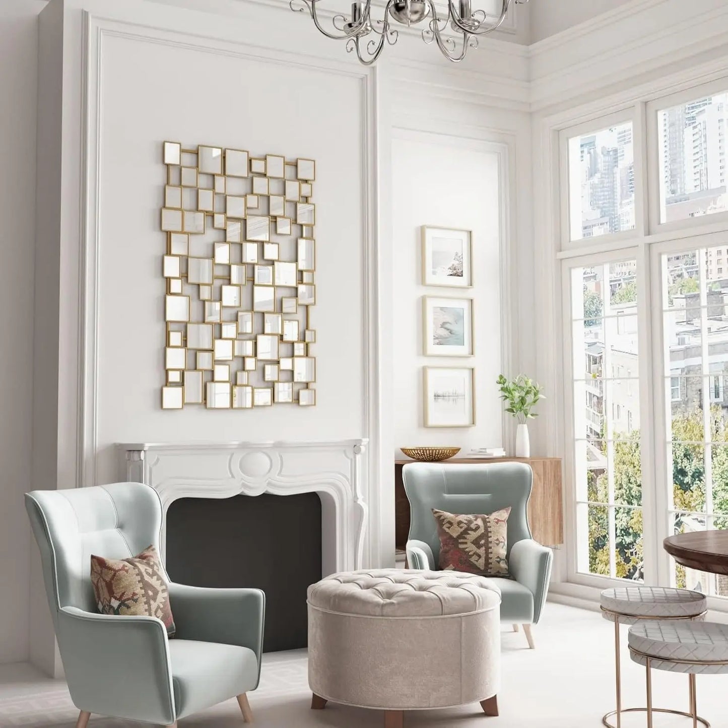 Modern Wall Mirror With Unique Mosaic Metal Frame Decorative