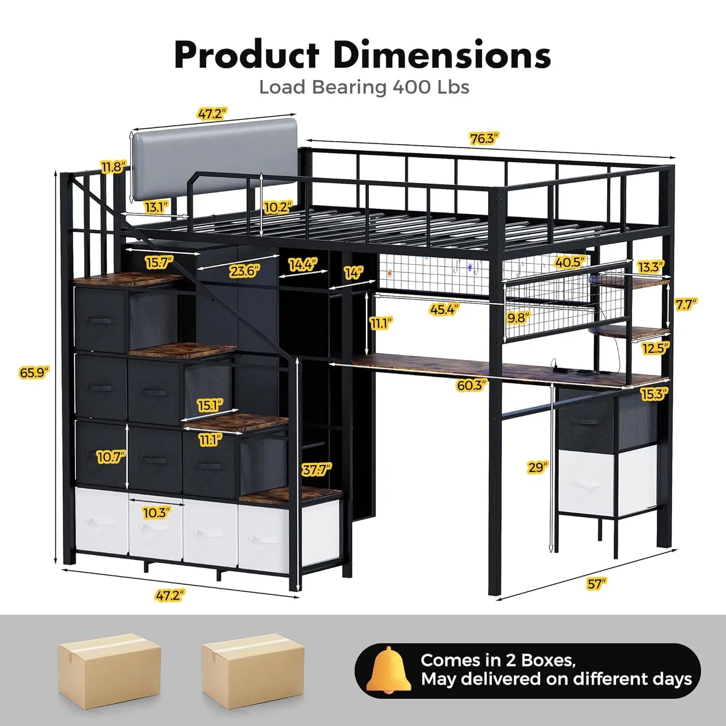 Loft Bed With Desk Stairs LED Gaming Frame Guardrail And Storage