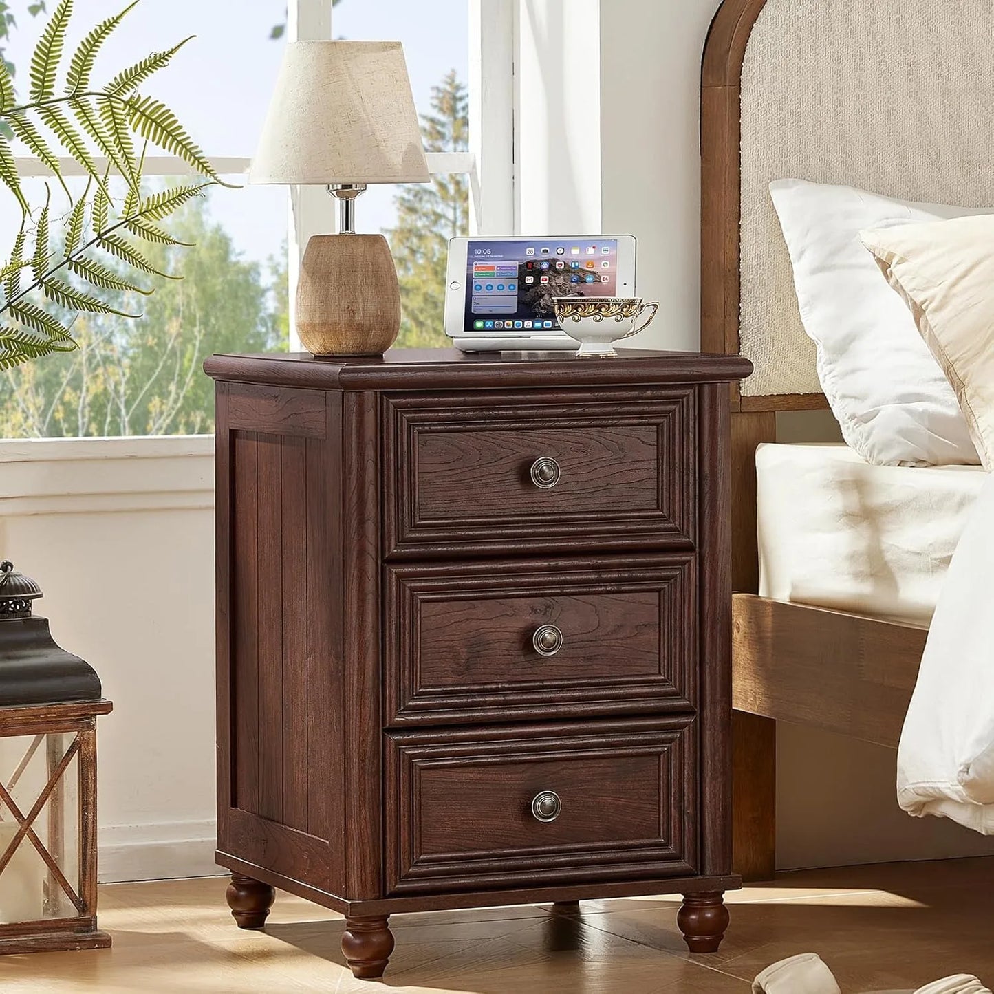 Walnut Farmhouse Nightstands With 3 Drawers Bedside Tables