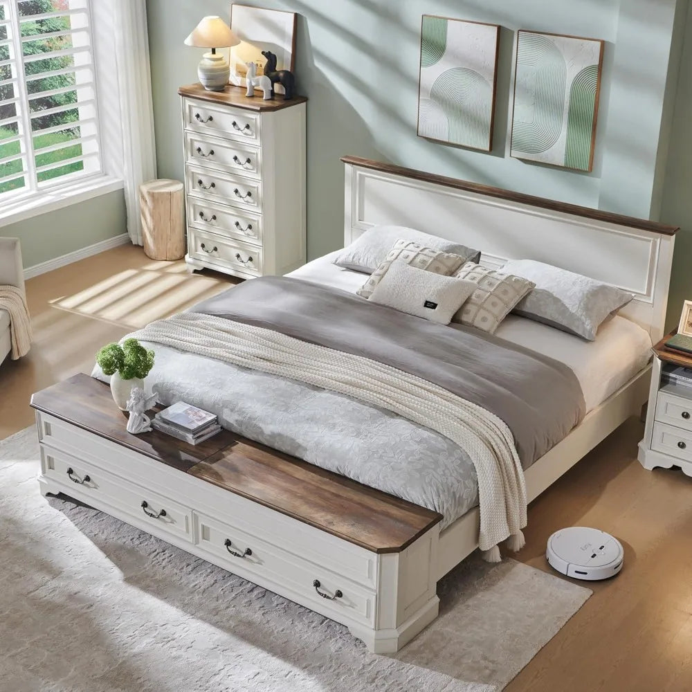 XMSJ Farmhouse King Platform Bed With Headboard Storage Bench