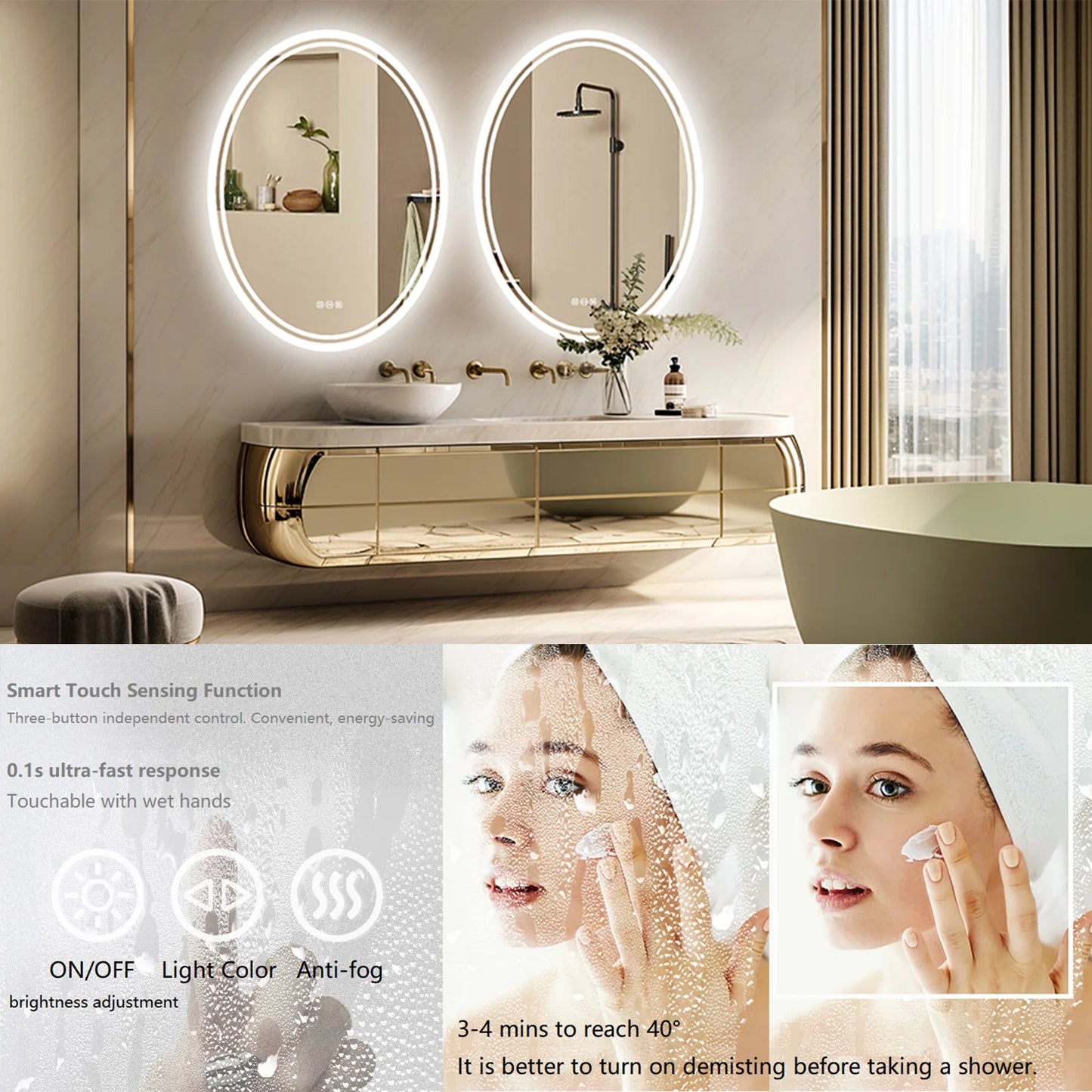 LED Backlit Round Vanity Mirror Wall Mounted Anti Fog Dimmable