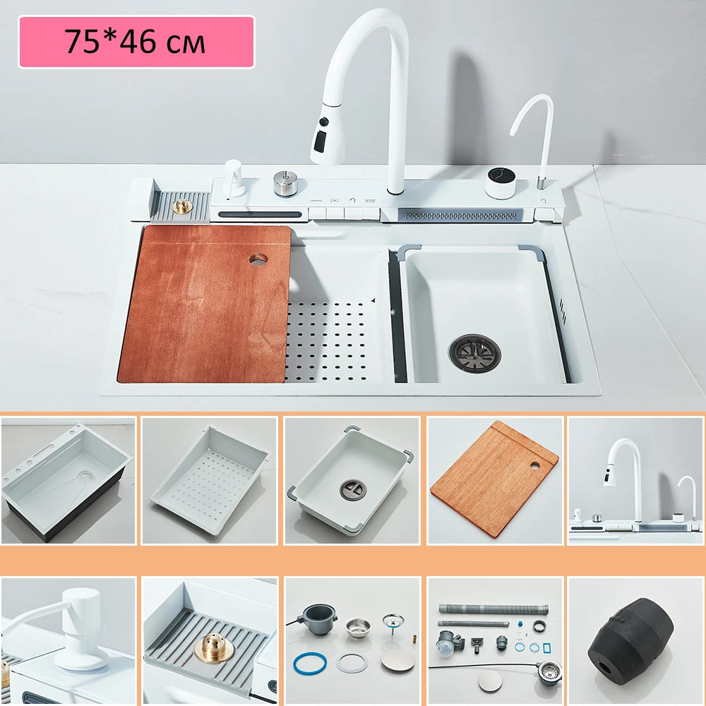 Quyanre Stainless Steel Kitchen Sink With Faucet Waterfall Digital Display