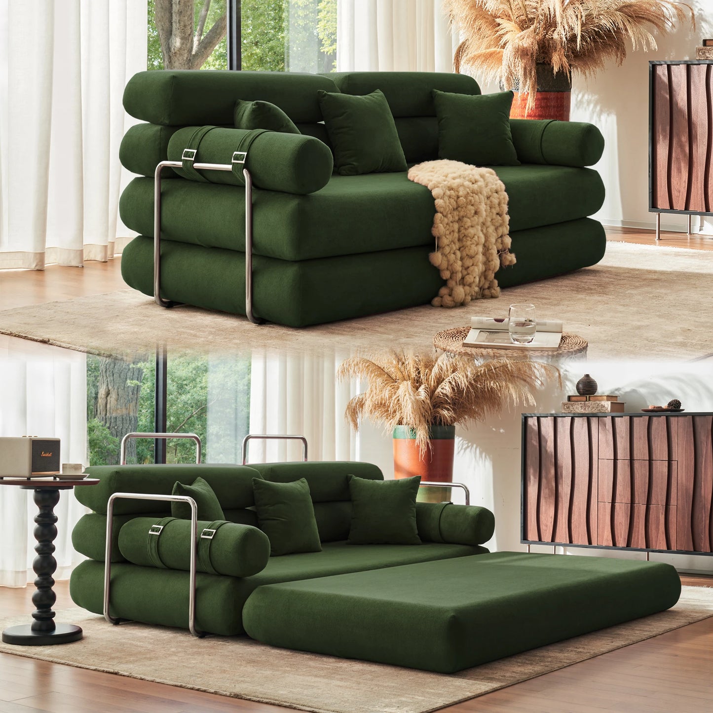 Convertible Sleeper Sofa Bed Floor Couch With Rounded Armrests