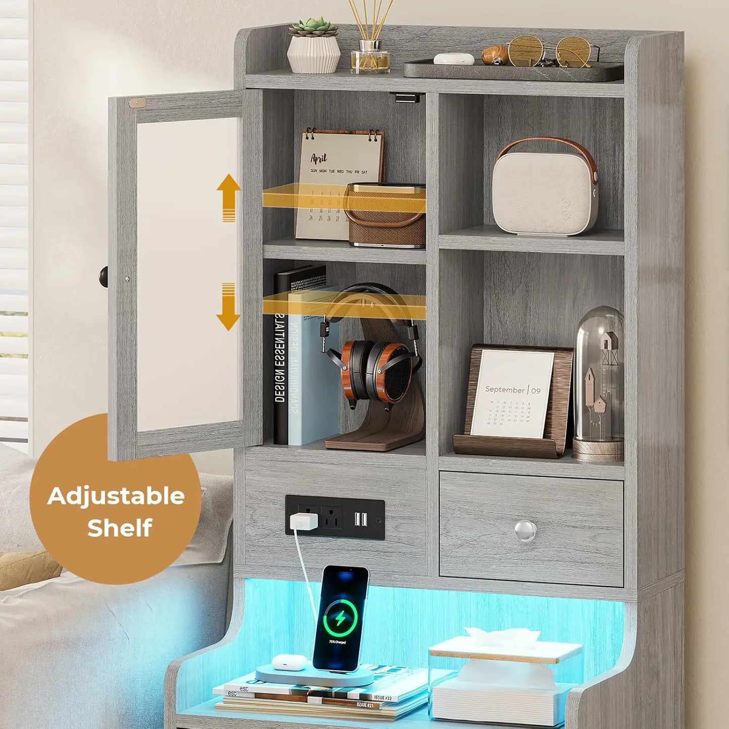 Frame Nightstand Set Of 2 With Charging Station And Bookshelf