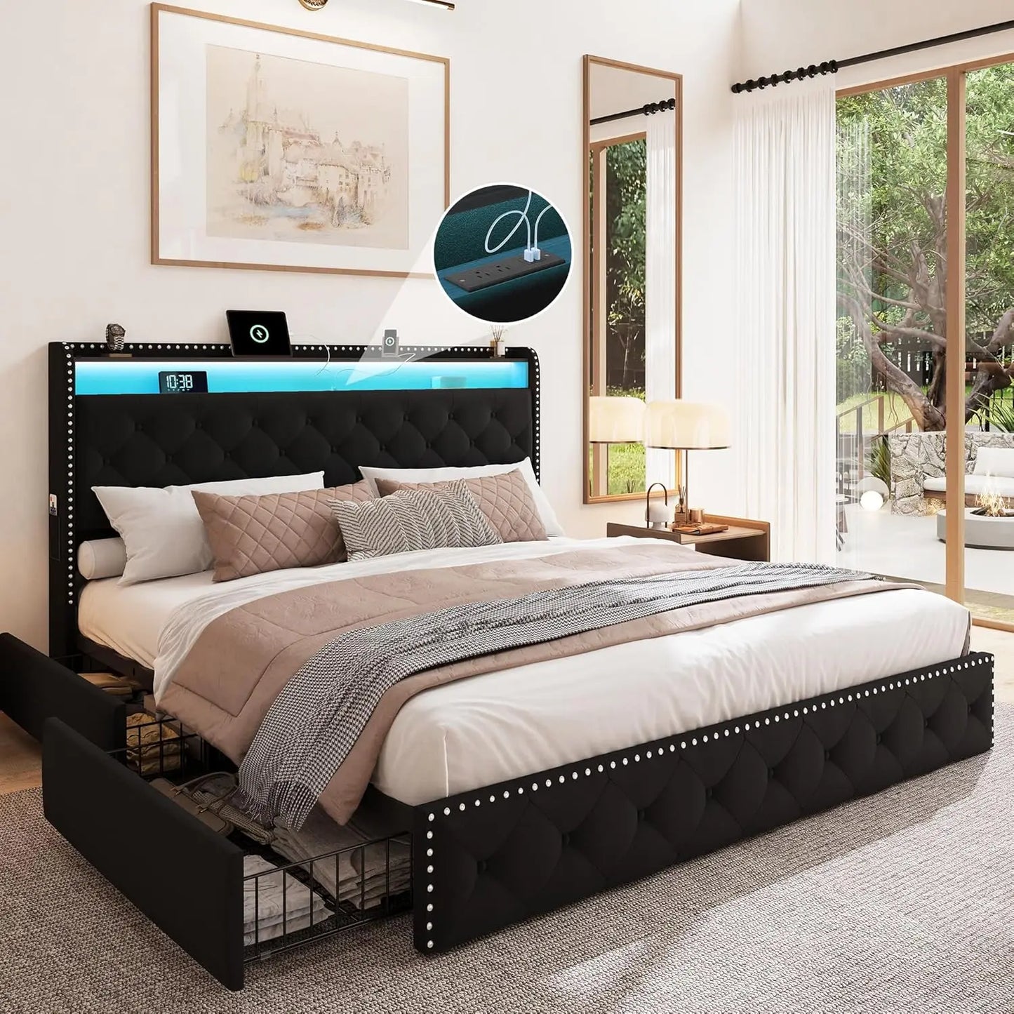 Velvet Bed Frame With LED Lighting And Storage Drawers