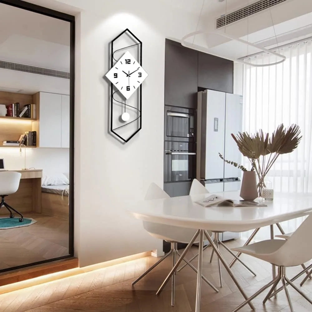 Quartz Silent Wall Clock With Pendulum Metal Frame Home Decor