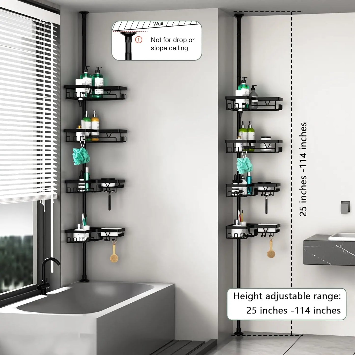Stainless Steel 4 Tier Shower Caddy With Tension Pole