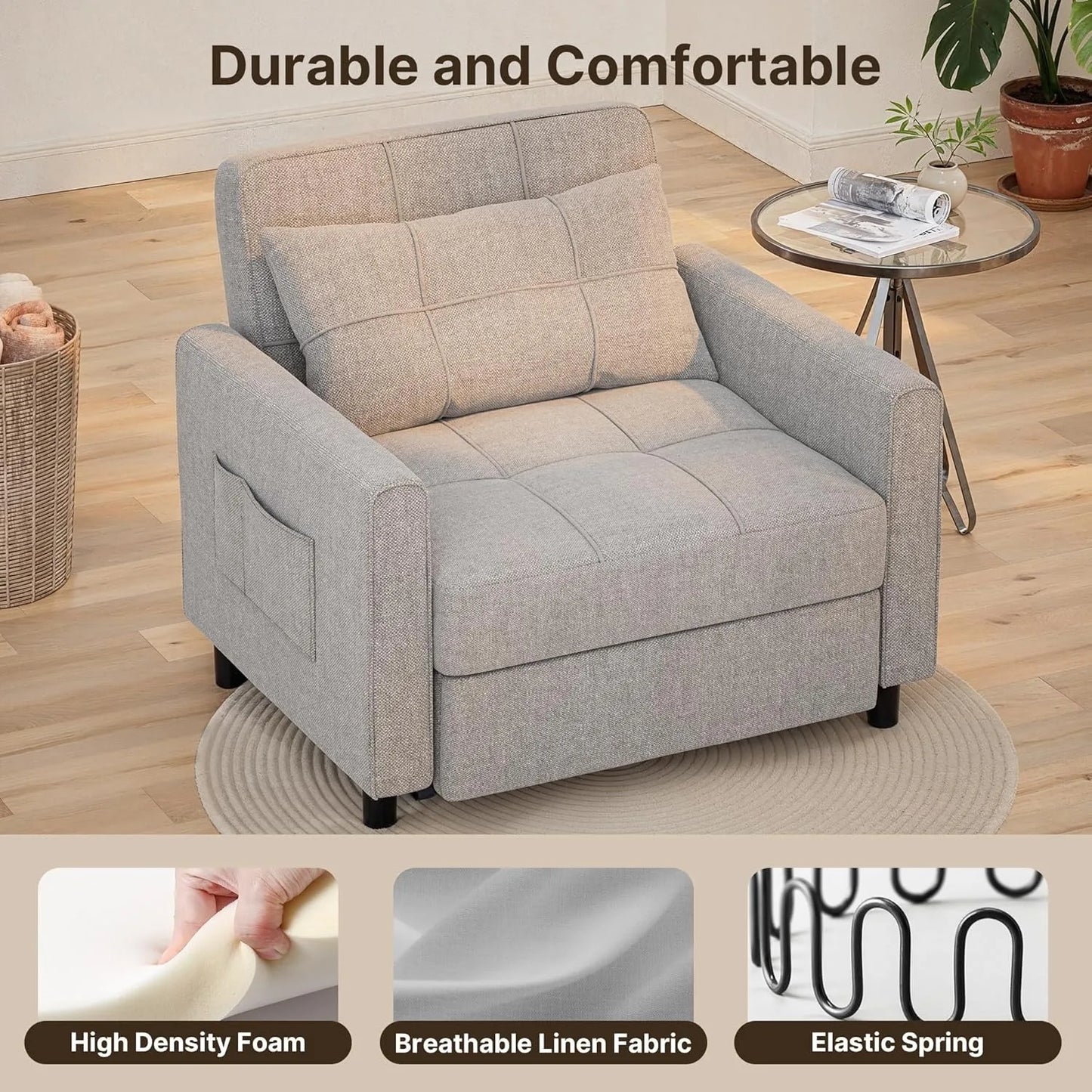 XIUWO Convertible 3 In 1 Sleeper Chair Bed Sofa Wood