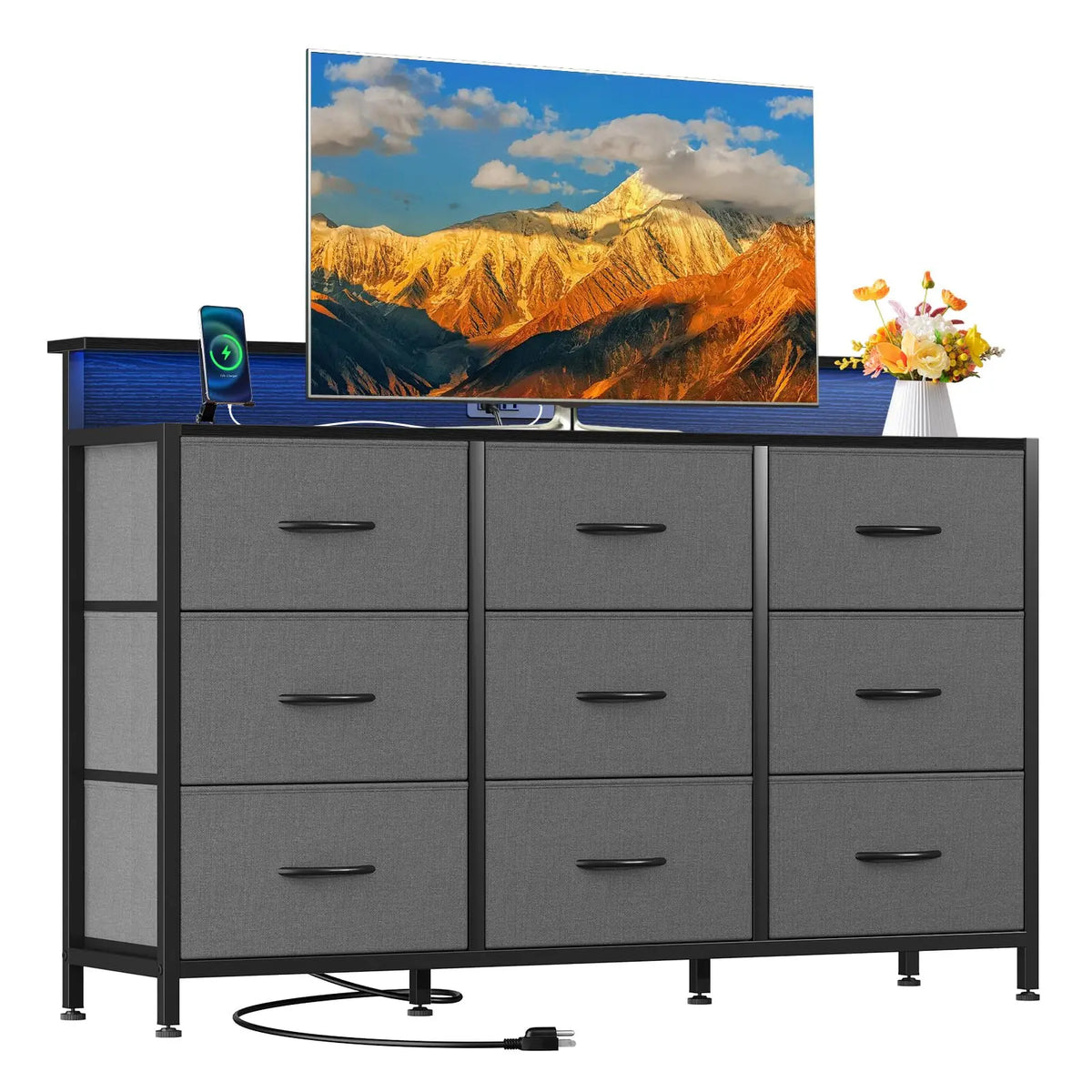 JHK Modern Media Console With Fabric Drawers And Wood Top