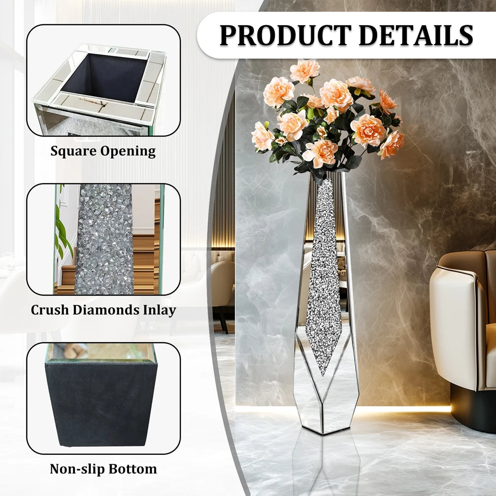 Crushed Diamond Mirrored Flower Vase Floor Standing Modern Decor