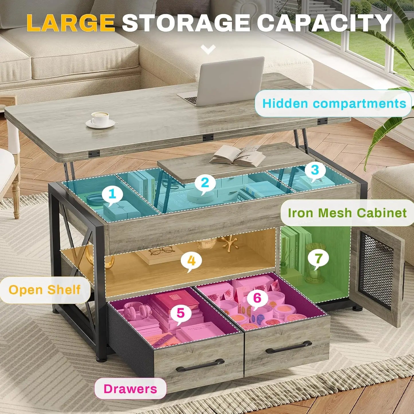 MOYU Modern Lift Top Coffee Table With Storage Cabinet