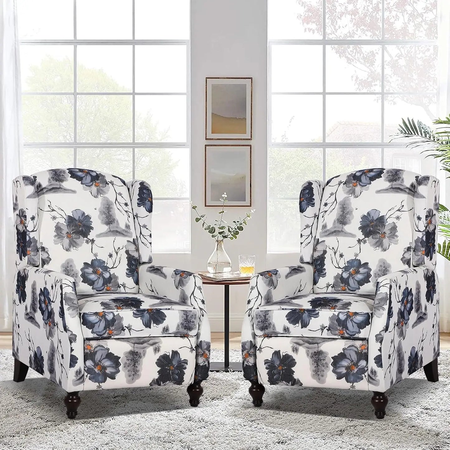 Wingback Recliner Chair Set of 2 Tufted Fabric Living Room