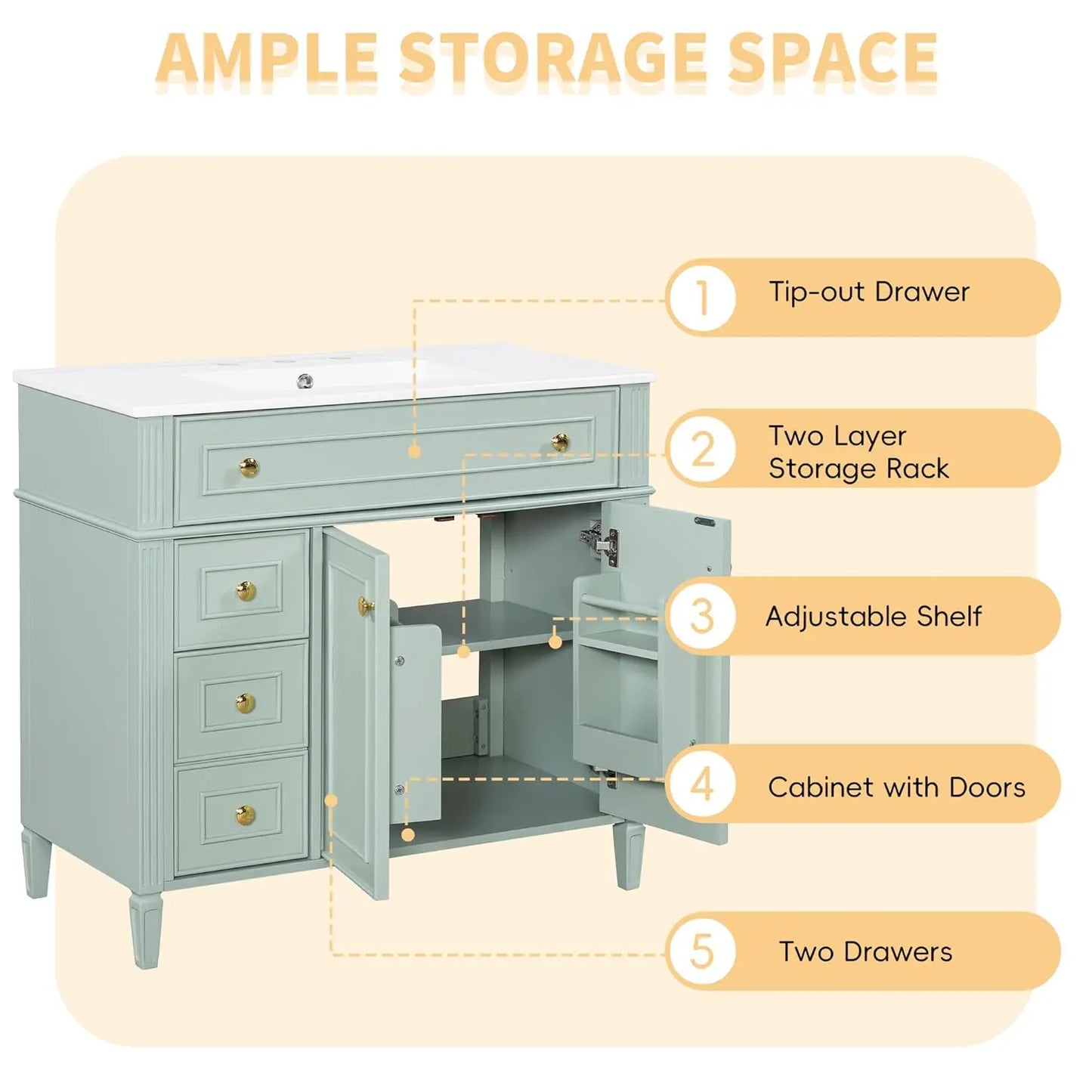 Wooden Bathroom Vanity With Ceramic Basin And Ample Storage Cabinets