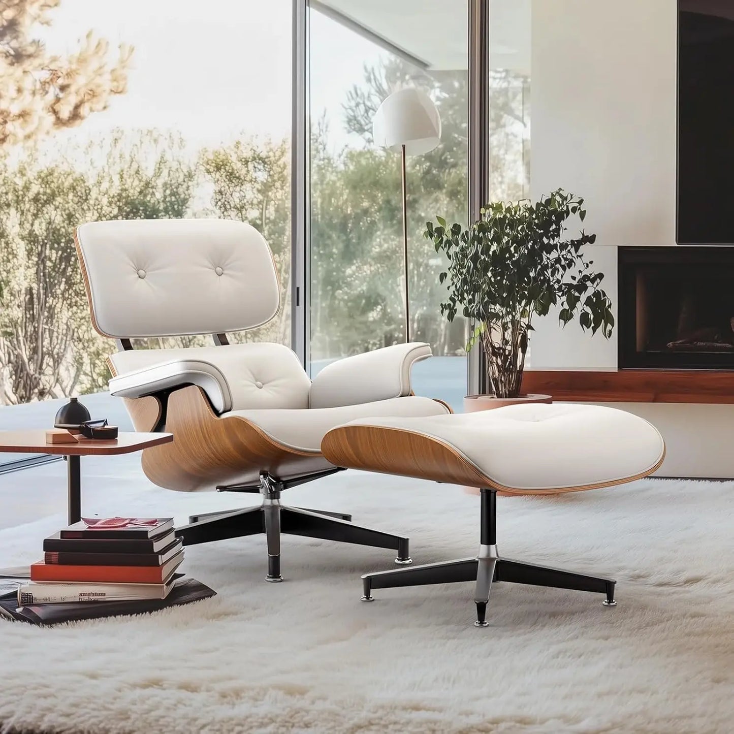 PU Leather Chaise Lounge Chair With Ottoman Walnut Wood