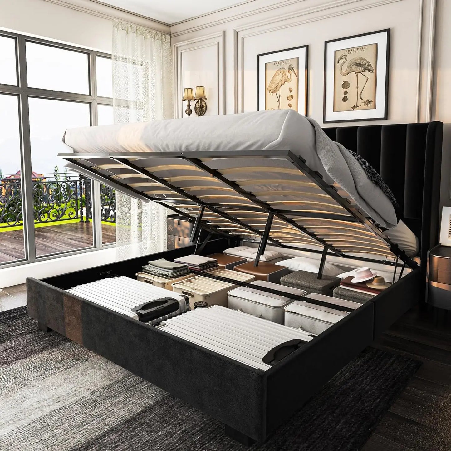Upholstered Lift Up Bed Frame With Velvet Wingback Tufted Headboard
