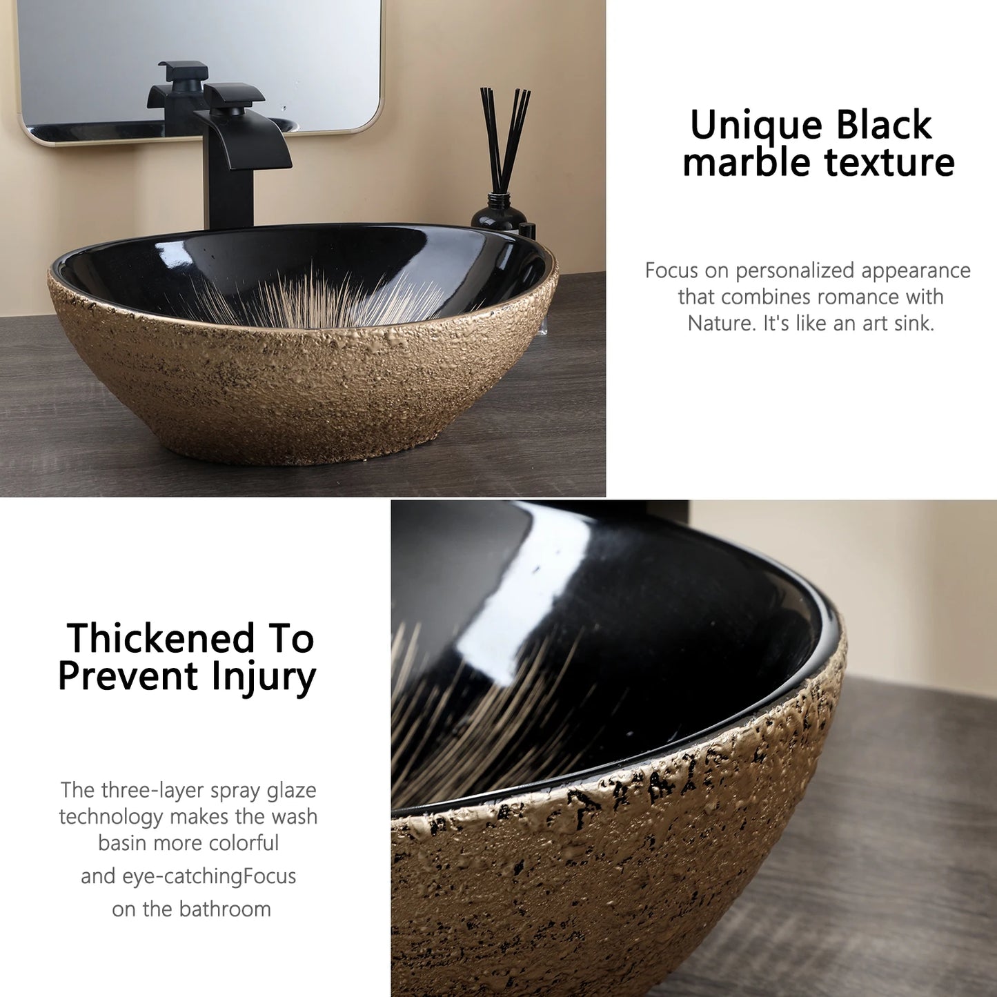 Mekhala Oval Vessel Sink With Faucet Marble Pattern Ceramic Vessel Sink