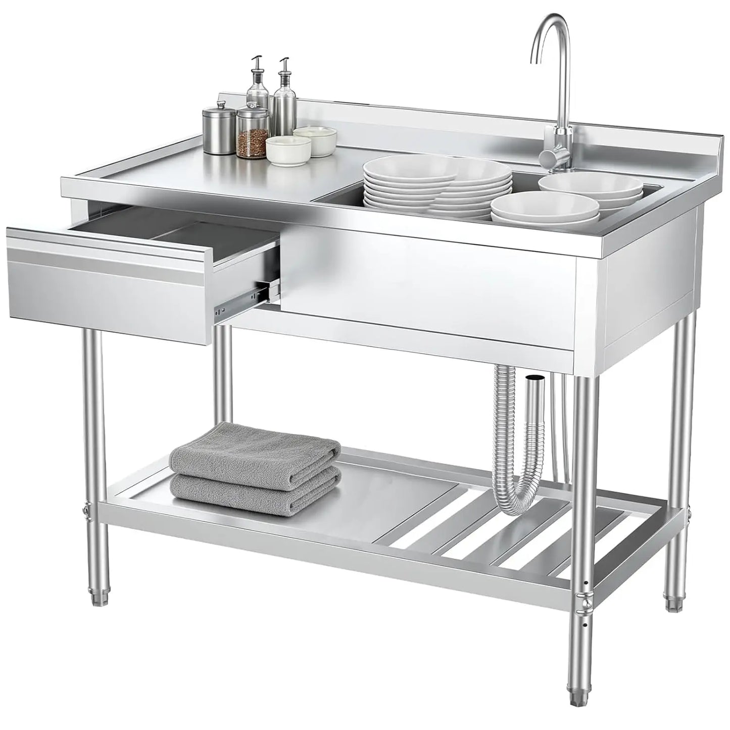 Stainless Steel Utility Sink With Drawers Single Bowl Commercial Kitchen