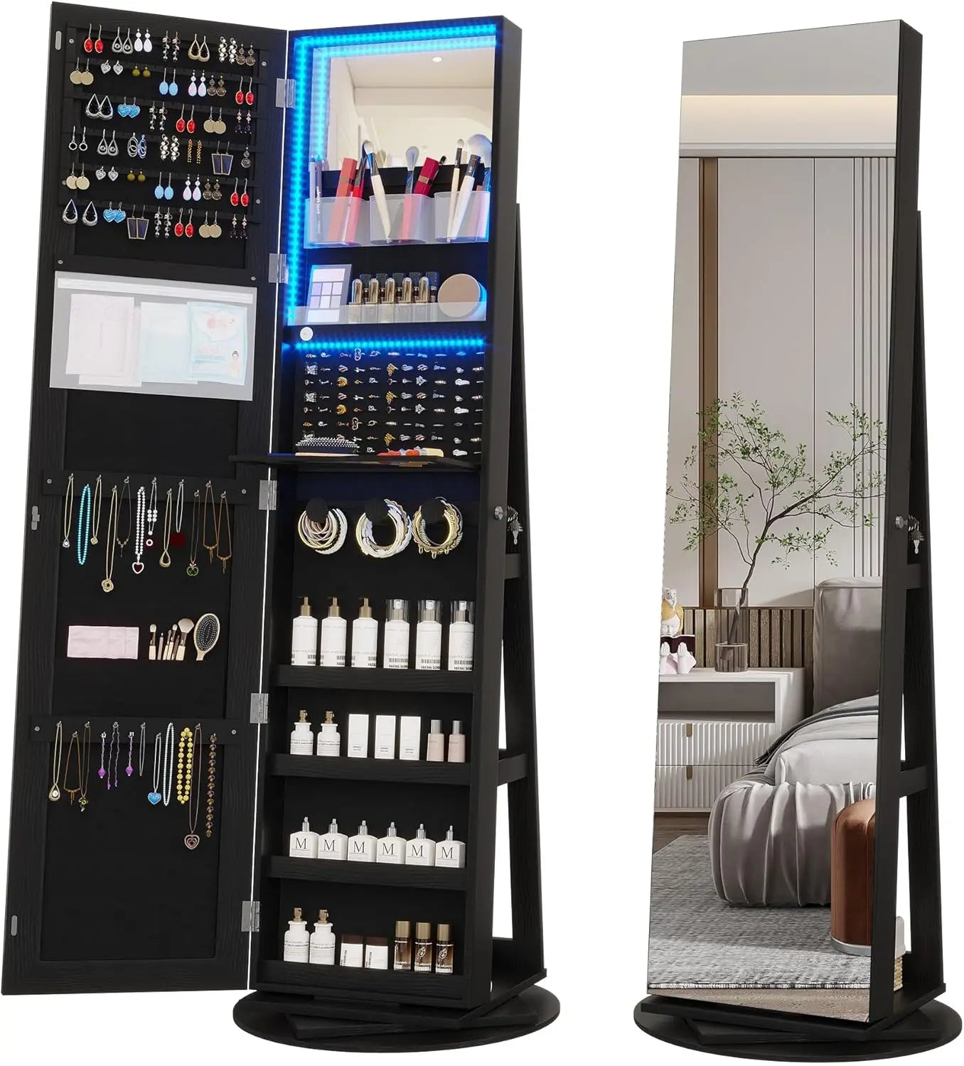 LED Jewelry Armoire With Lockable Mirror 360 Degree Rotation
