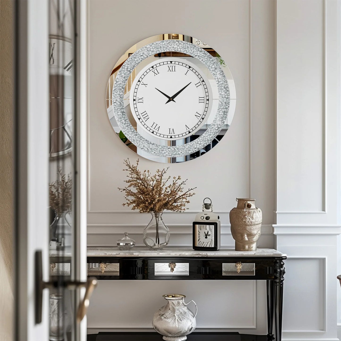 Round Mirror Wall Clock Crystal Sparkle Bling Living Room