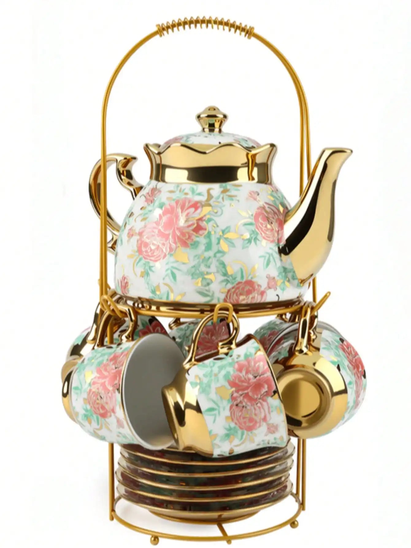 Porcelain Tea Set With Metal Holder And Gold Floral Pattern