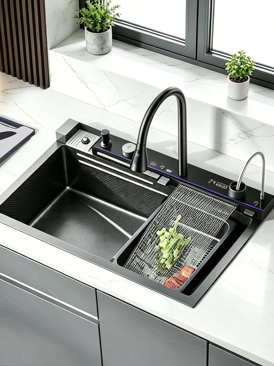 Quyanre Stainless Steel Kitchen Sink With Faucet Waterfall Digital Display