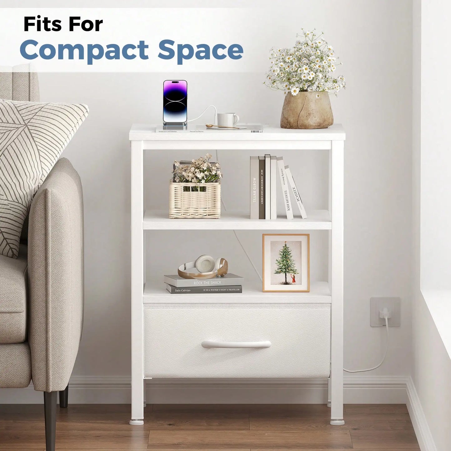 Nightstand With Charging Station And Fabric Drawer Bedside Table